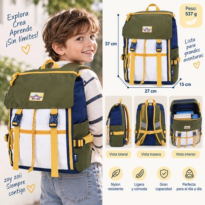 Mochila infantil Zoy Zoii verde, azul y amarilla para niños