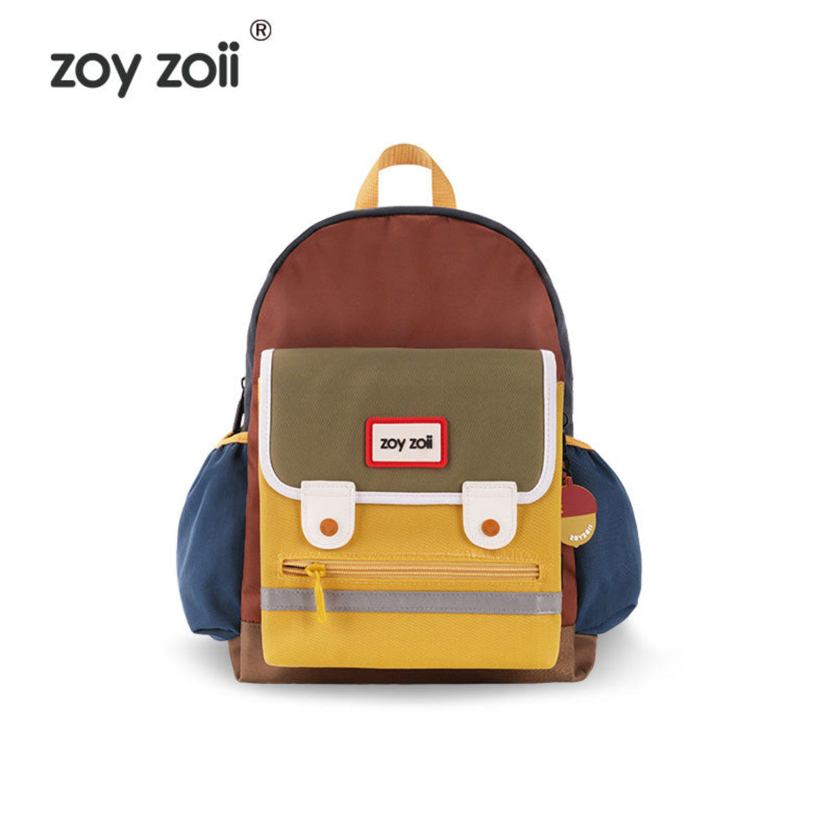 Mochila infantil verde y marrón con bolsillo frontal