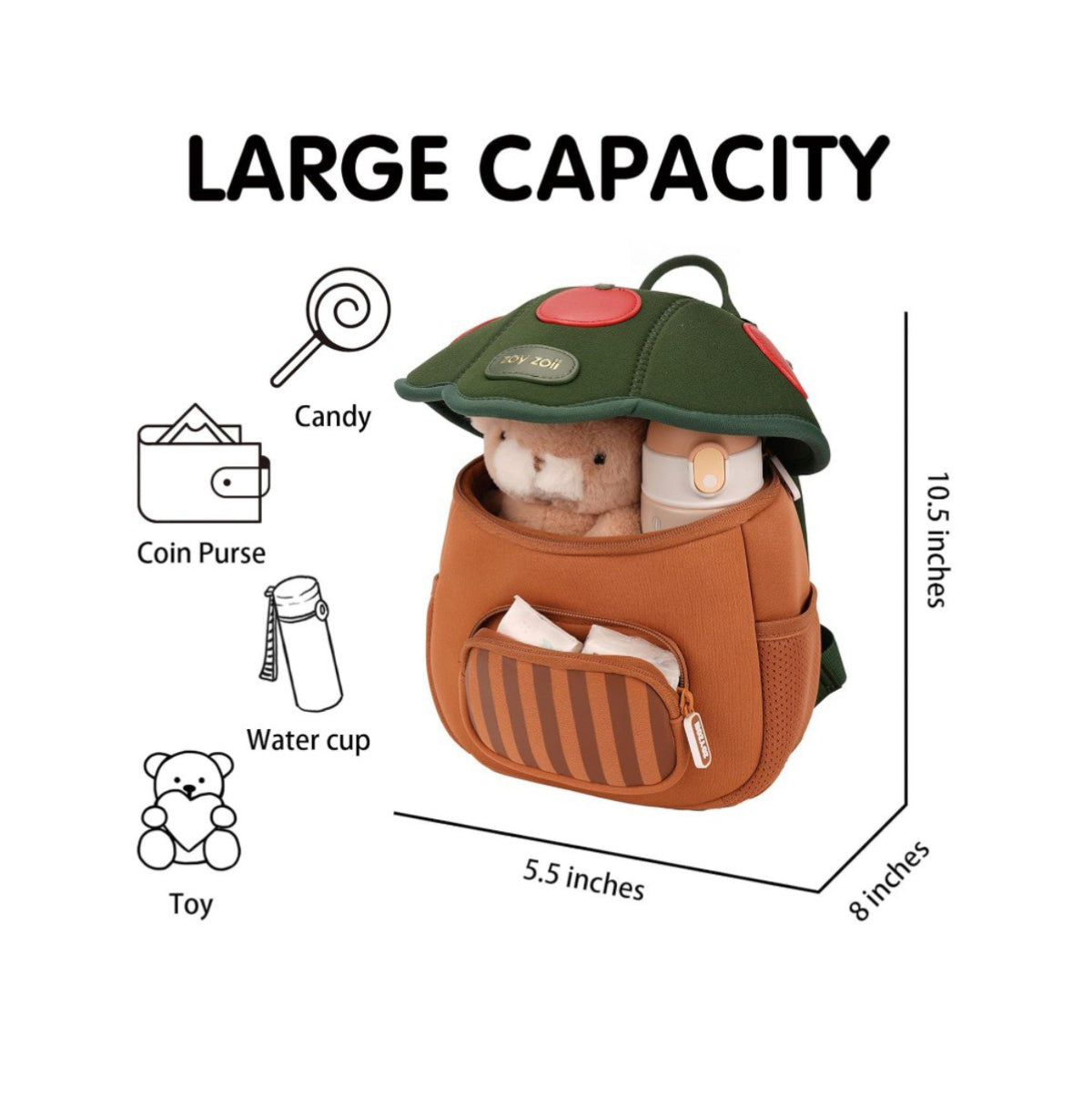 Mochila infantil color verde y marrón con manzanas decorativas