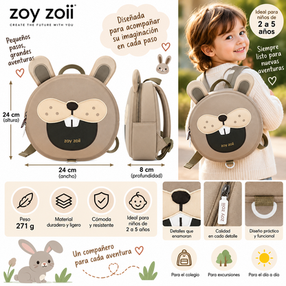 Mochila preescolar Zoy Zoii beige con diseño de conejo, ligera y cómoda para niños de 2 a 5 años