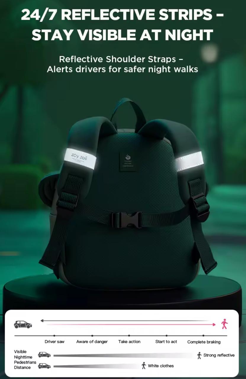 Vista lateral de la mochila infantil Zoy Zoii con diseño de dinosaurio y materiales resistentes