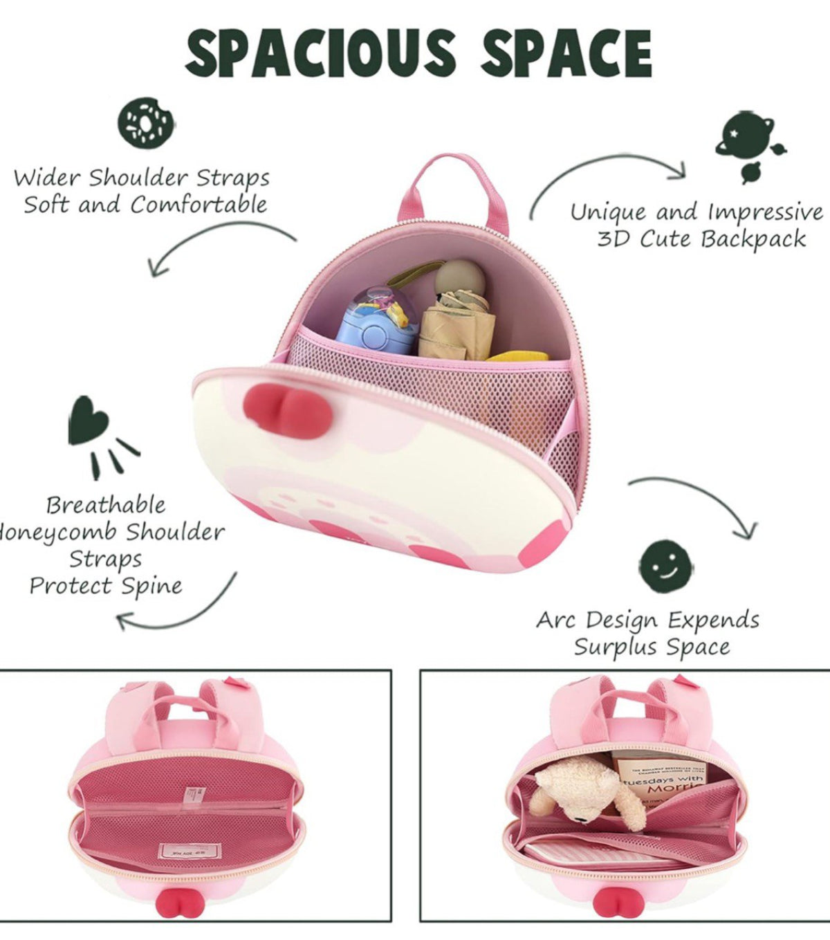 Mochila Zoy Zoii infantil con corazones rosados y detalles en blanco