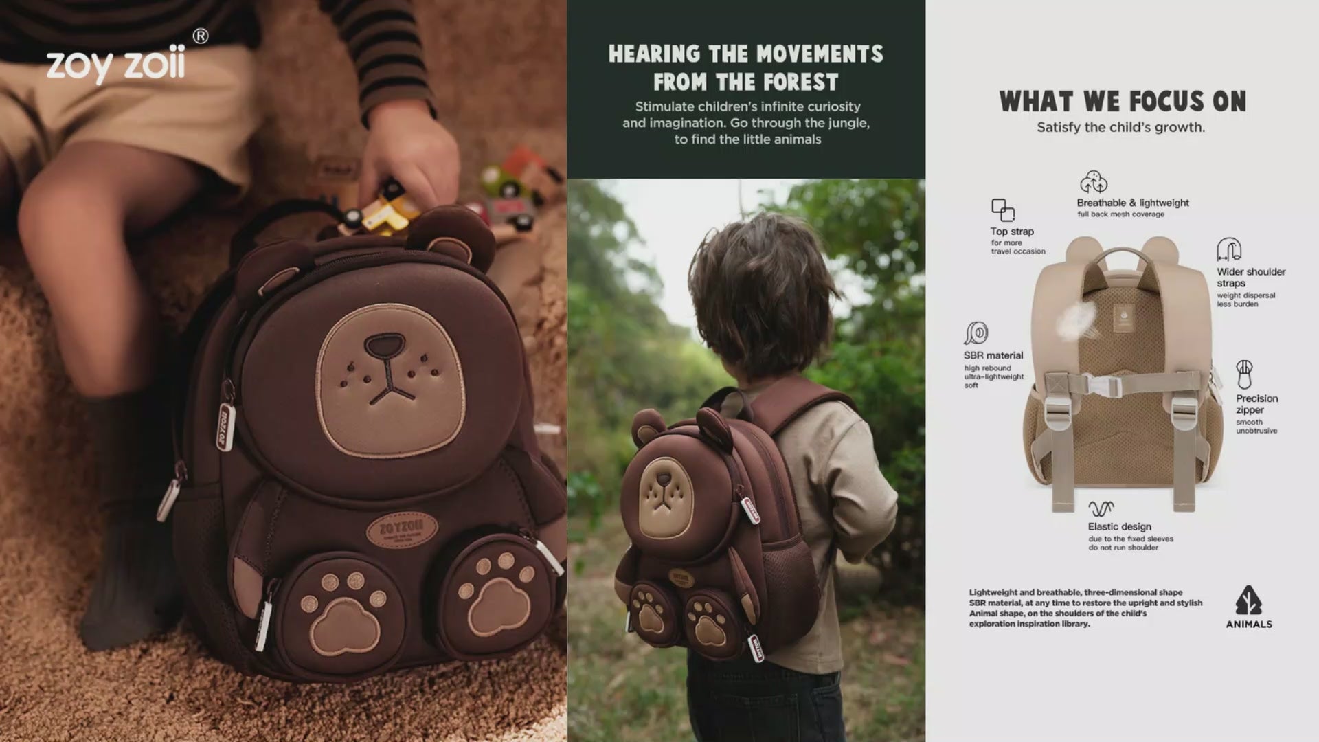 Mochila Zoy Zoii marrón con diseño adorable de oso y detalles acolchados