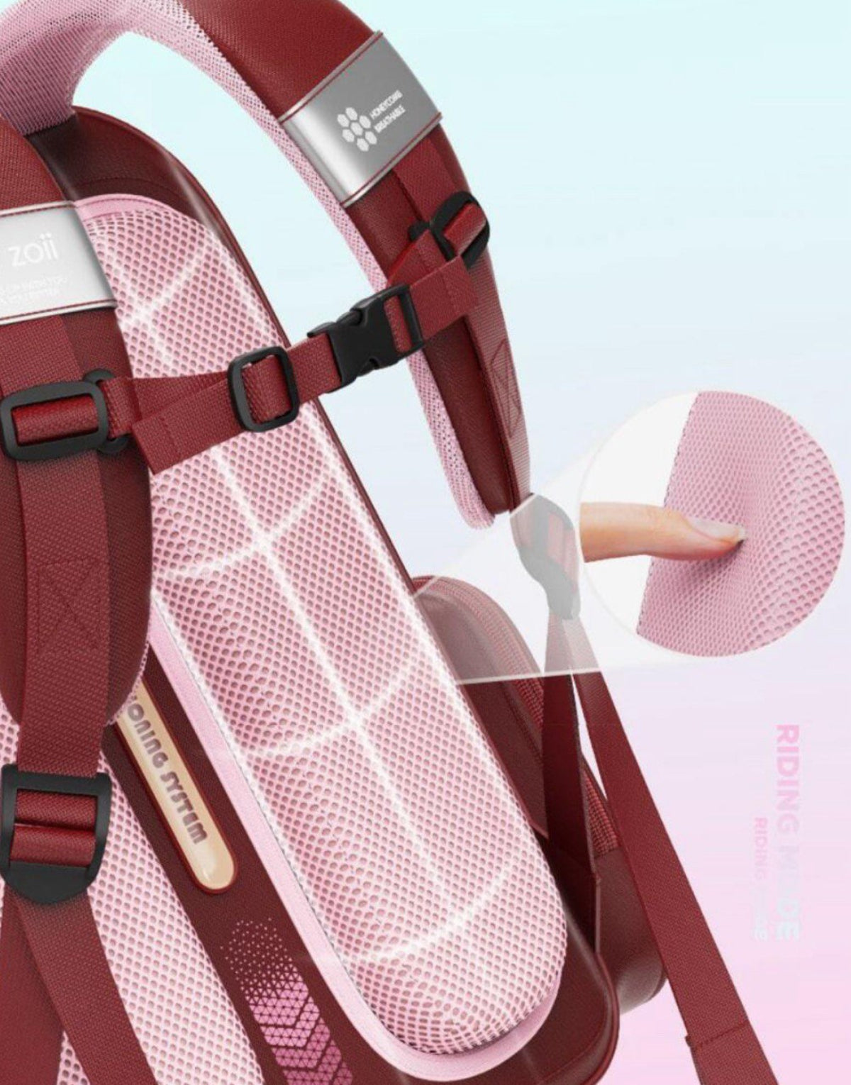 Mochila escolar Zoy Zoii para niñas en color rojo y rosa con tirantes acolchados, bolsillo frontal con cremallera y diseño práctico para uso diario