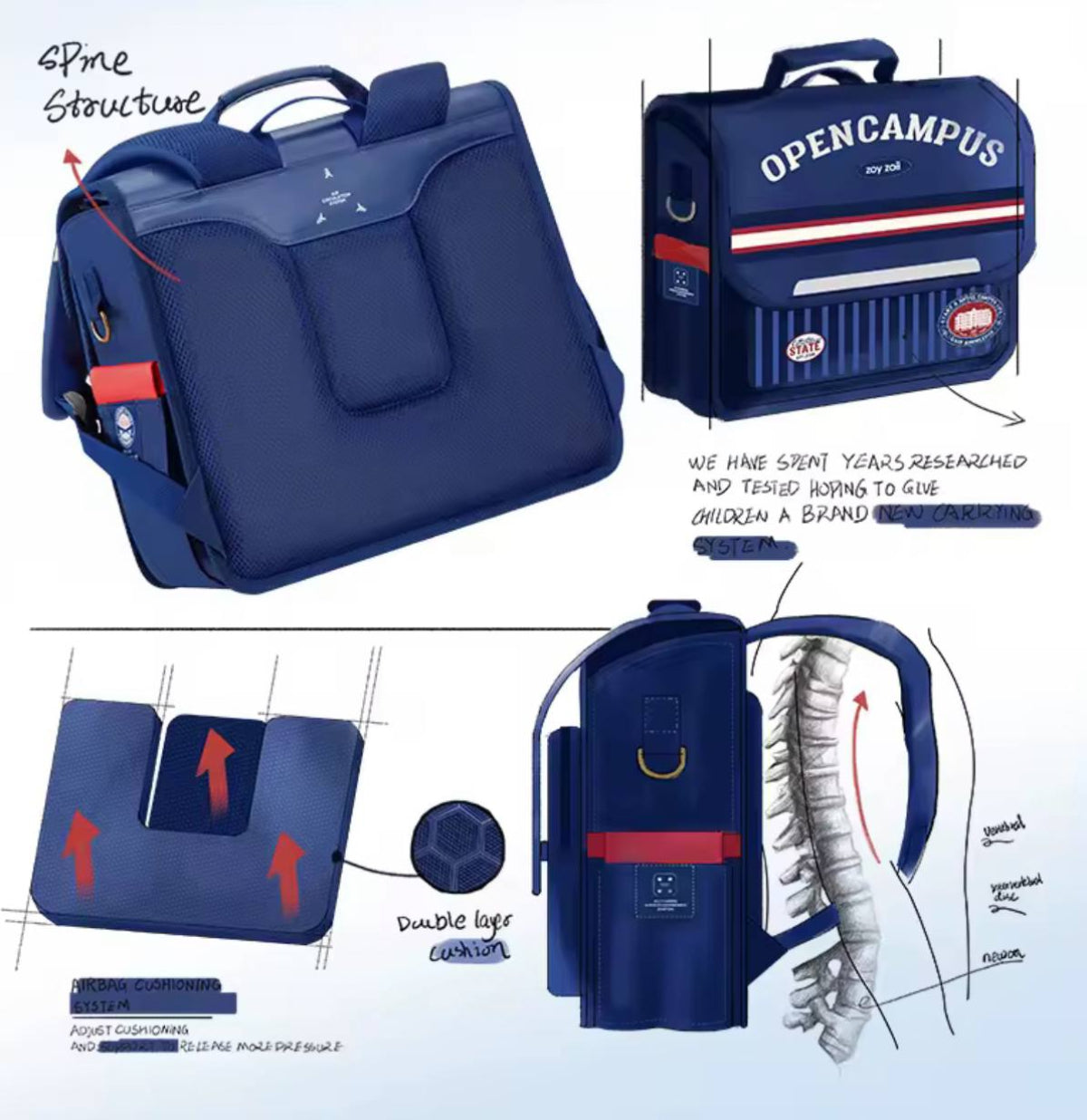 Zoy Zoii mochila escolar azul marino para niños, modelo OpenCampus con diseño a rayas, correas acolchadas y bolsillos prácticos, ideal para uso diario en el colegio