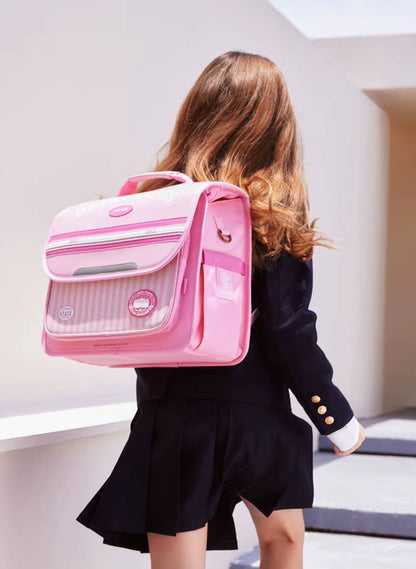 Zoy Zoii mochila escolar rosa para niñas, modelo OpenCampus con diseño a rayas, estructura ergonómica y correas acolchadas, ideal para uso diario en la escuela primaria