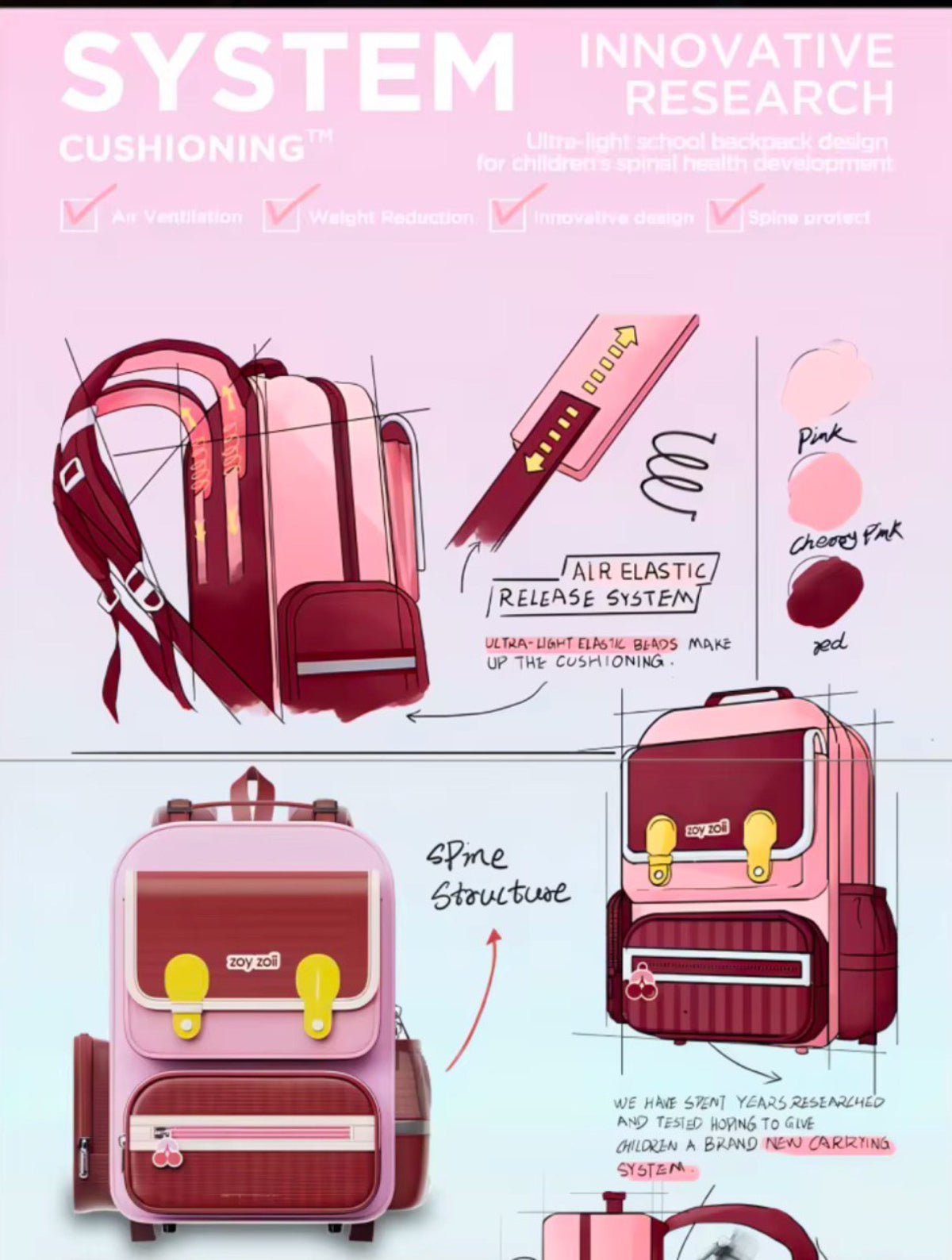 Mochila Zoy Zoii para colegio en colores rojo vino y rosa pastel