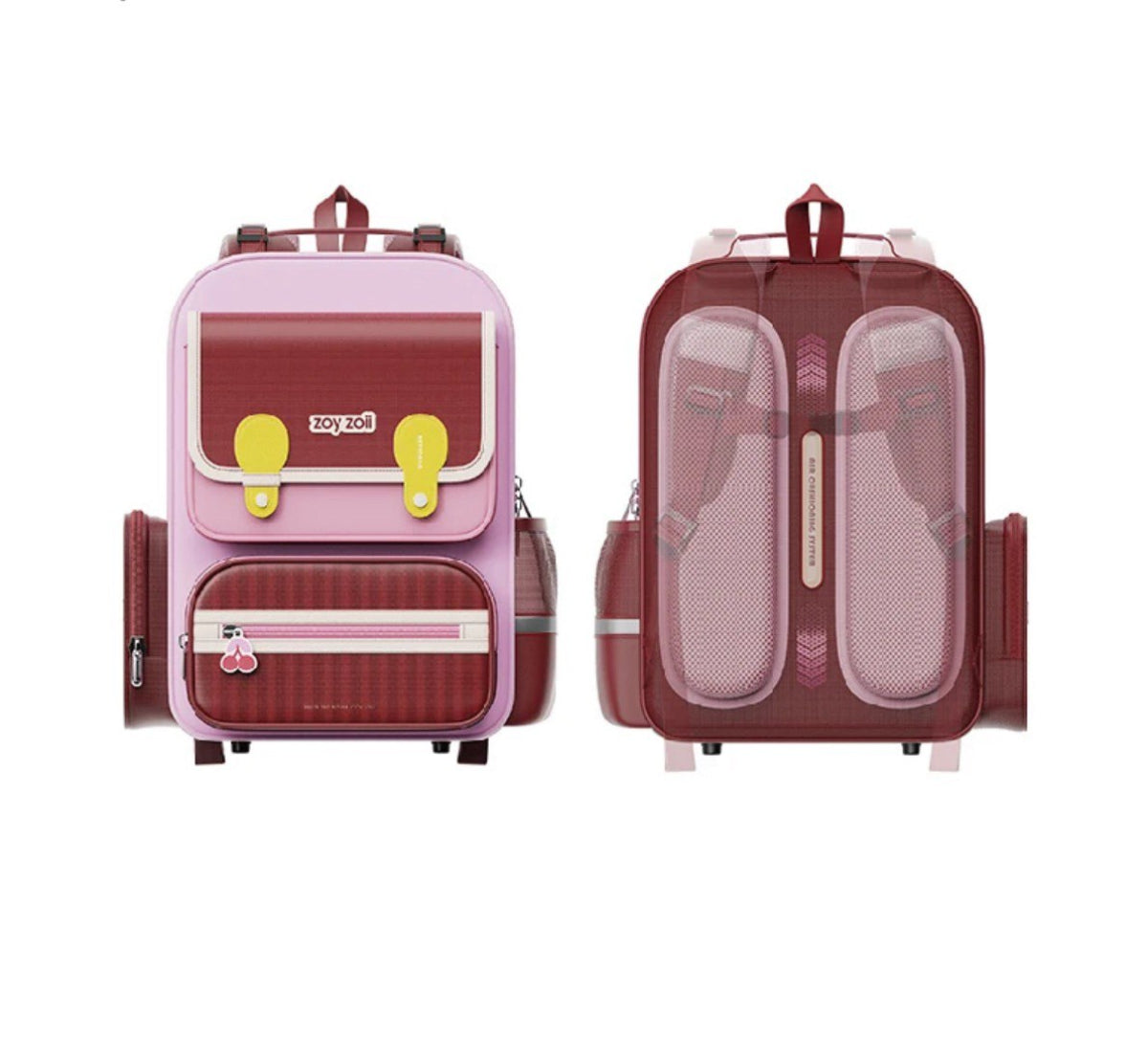 Mochila escolar Zoy Zoii para niñas en color rojo y rosa con tirantes acolchados, bolsillo frontal con cremallera y diseño práctico para uso diario