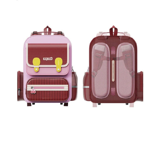 Mochila escolar Zoy Zoii para niñas en color rojo y rosa con tirantes acolchados, bolsillo frontal con cremallera y diseño práctico para uso diario