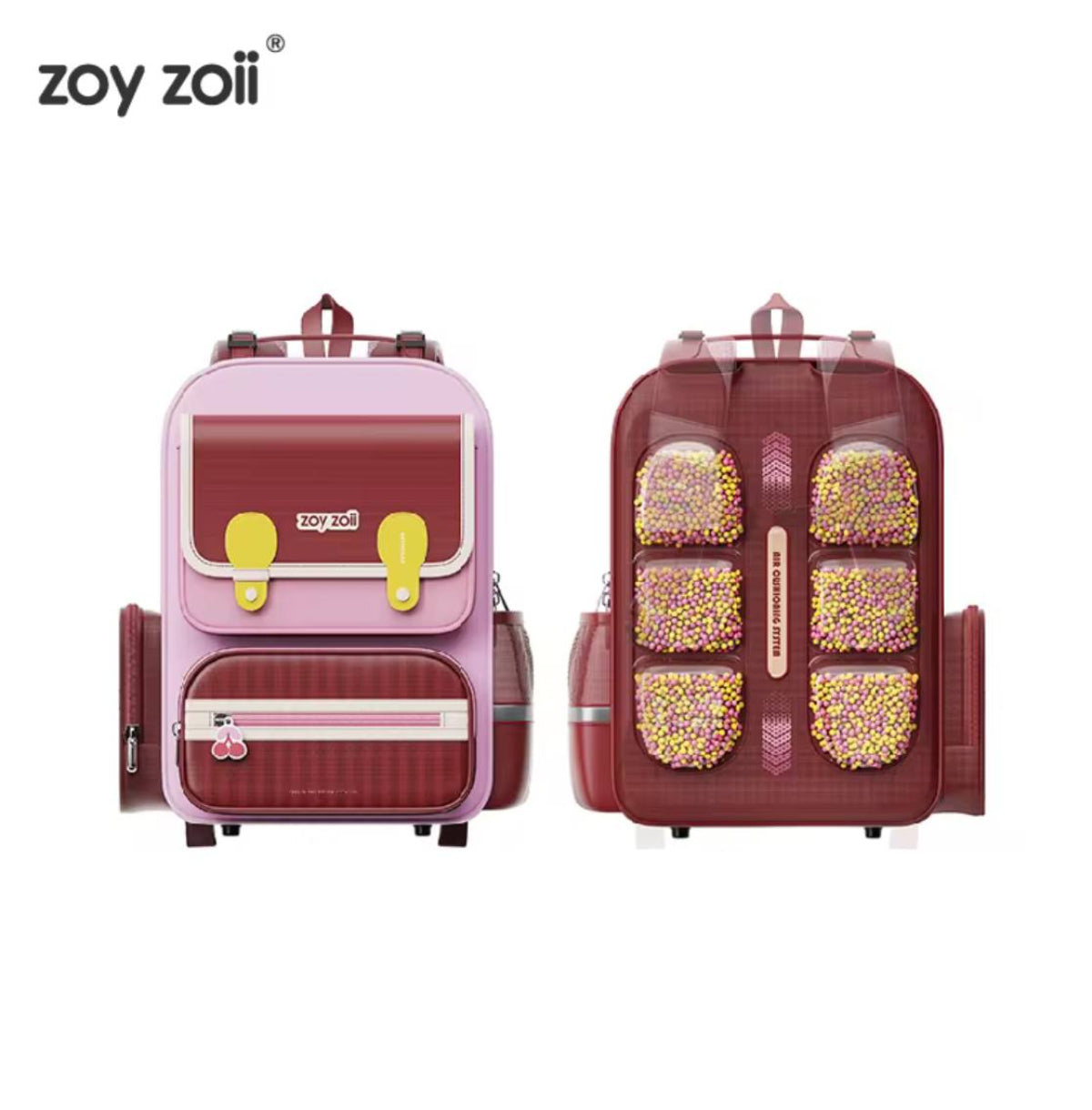 Mochila escolar Zoy Zoii en tonos rojo cereza y rosa con diseño ergonómico para niñas