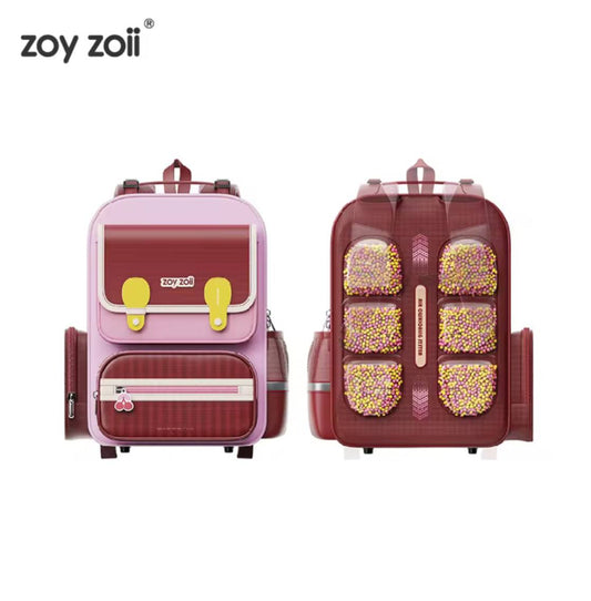 Mochila escolar Zoy Zoii en tonos rojo cereza y rosa con diseño ergonómico para niñas