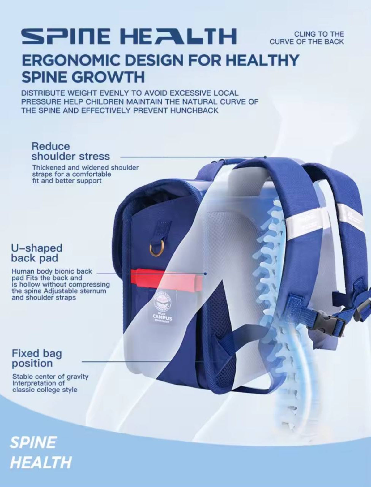 Zoy Zoii Mochila Escolar Infantil B59-B Opencampus Azul Estilo Vintage y Comodidad Total para Niños de 6 a 12 Años con Cierre Magnético y Bolsillos Laterales