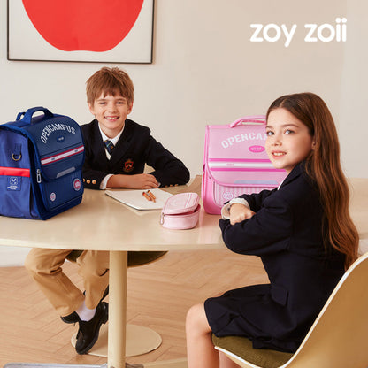 Zoy Zoii mochila escolar rosa para niñas, modelo OpenCampus con diseño a rayas, estructura ergonómica y correas acolchadas, ideal para uso diario en la escuela primaria