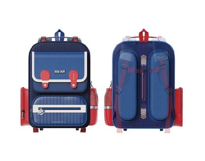 Zoy Zoii mochila escolar azul con detalles rojos, diseño clásico con bolsillos frontales, cremallera resistente y correas acolchadas, ideal para niños en la escuela primaria