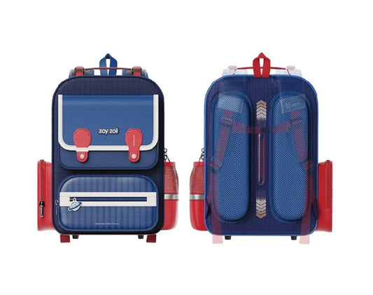 Zoy Zoii mochila escolar azul con detalles rojos, diseño clásico con bolsillos frontales, cremallera resistente y correas acolchadas, ideal para niños en la escuela primaria