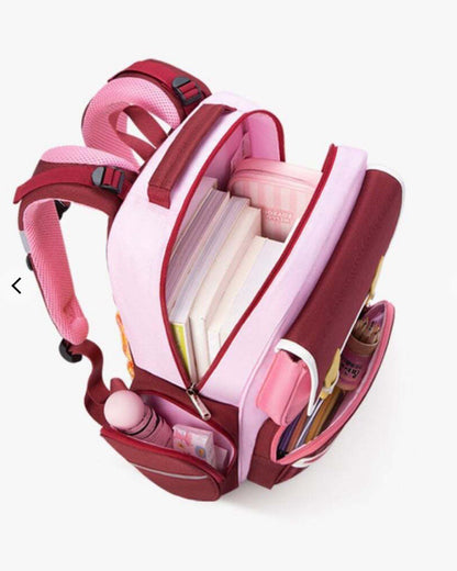 Mochila ergonómica Zoy Zoii con soporte de espalda y estilo moderno en rosa y rojo
