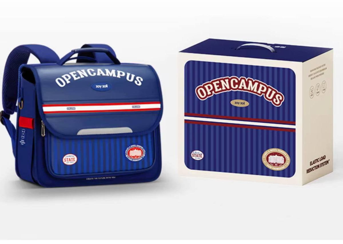 Zoy Zoii mochila escolar azul marino para niños, modelo OpenCampus con diseño a rayas, correas acolchadas y bolsillos prácticos, ideal para uso diario en el colegio